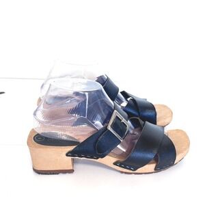 Vintage Y2K Womens Wooded Platform Clog Sandals Size 9 Black Leather Boho Hippie